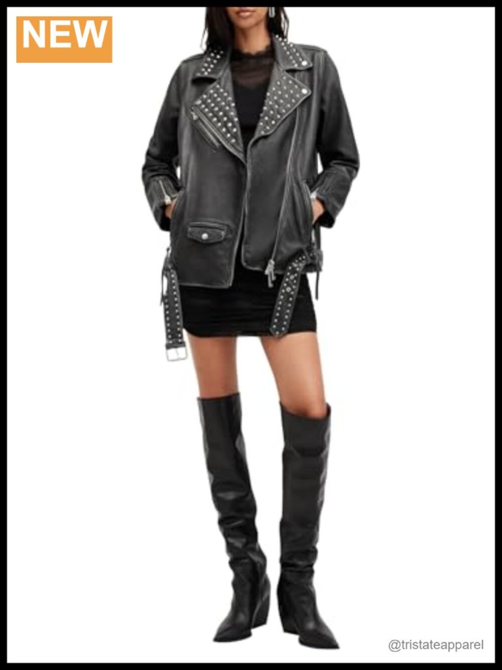 AllSaints Women's Billie Conical Biker Leather Jacket Long Sleeve Zip